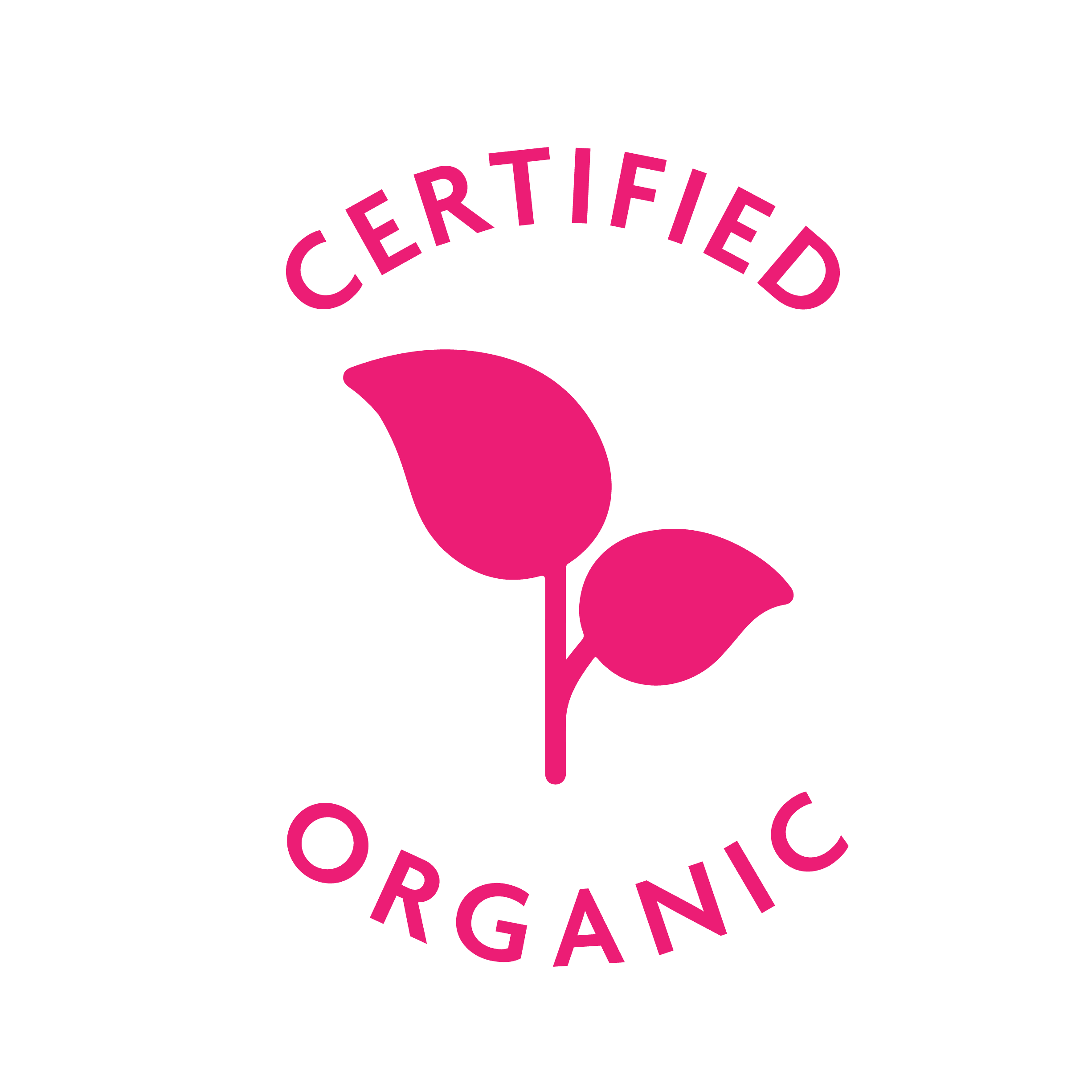 Certified Organic logo with pink leaves and text on a green background