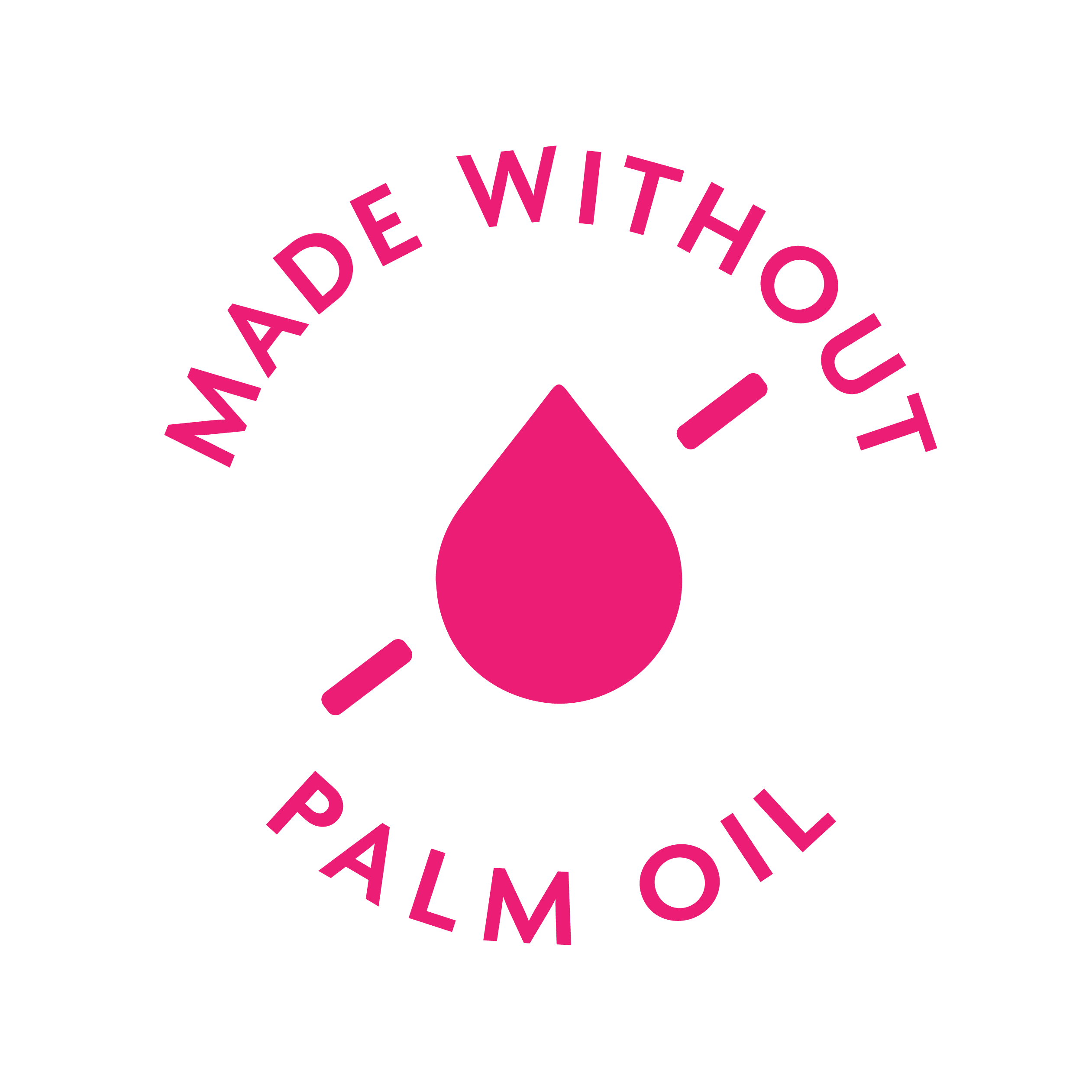 Logo indicating 'Made Without Palm Oil' with a pink droplet symbol on a green background